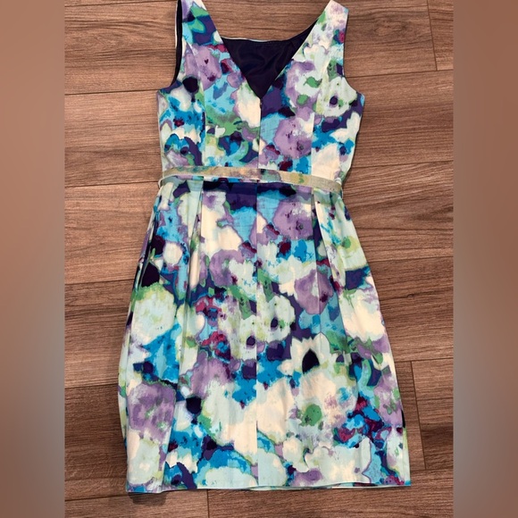 Eliza J Blue and Purple Watercolor Belted Tulip Hem Dress Size 4 - Picture 5 of 9